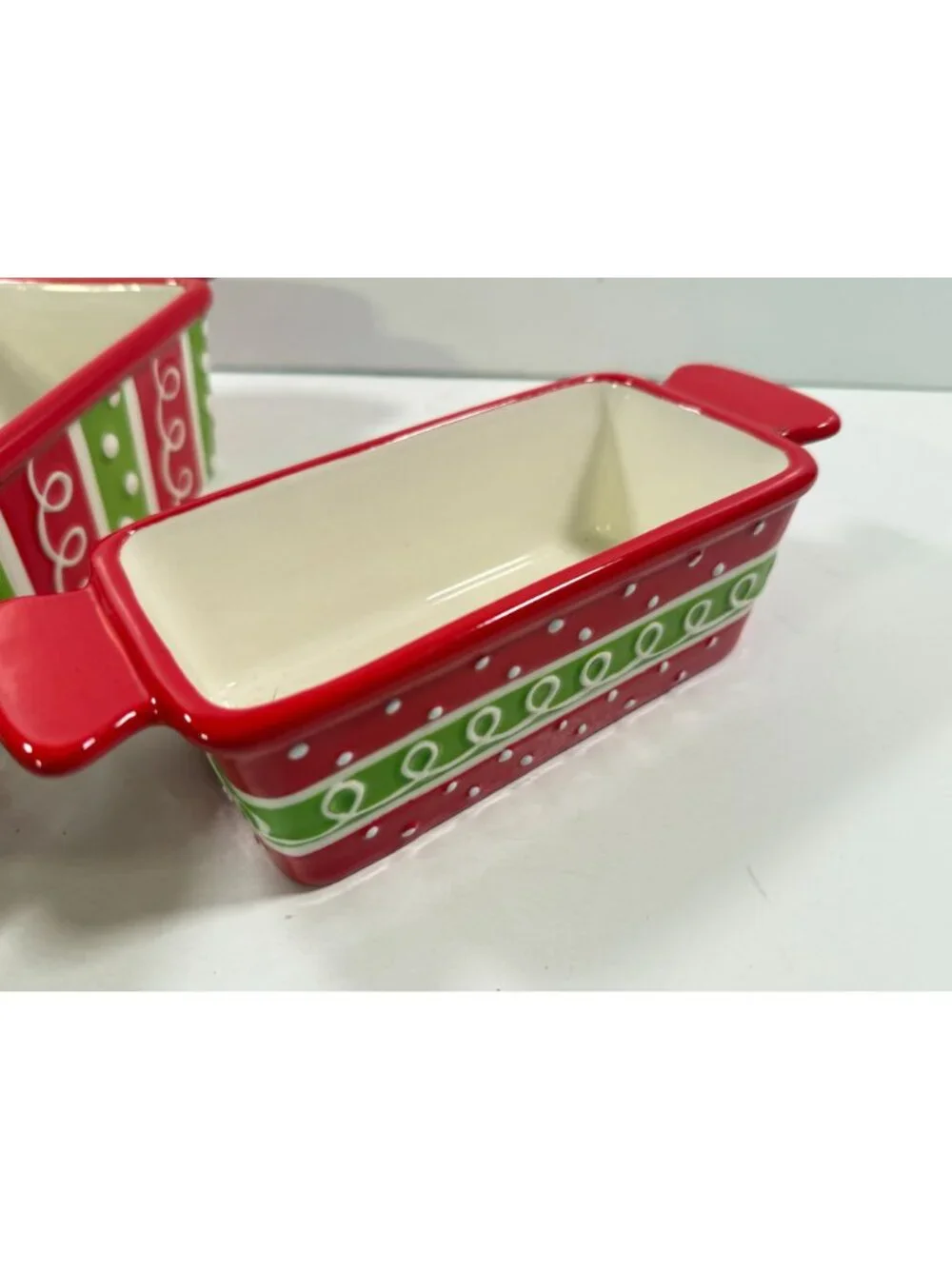 Baking Loaf Pans Stoneware Burton + Burton Christmas Red Green Polka Dots NEW